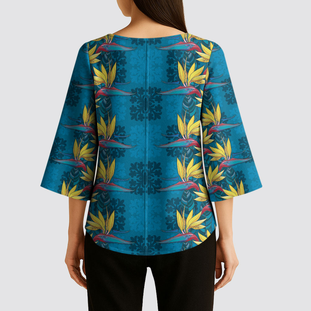 Hawaii Waikiki King Kimono Sleeve Blouse Blue Quilt With Pua Manu