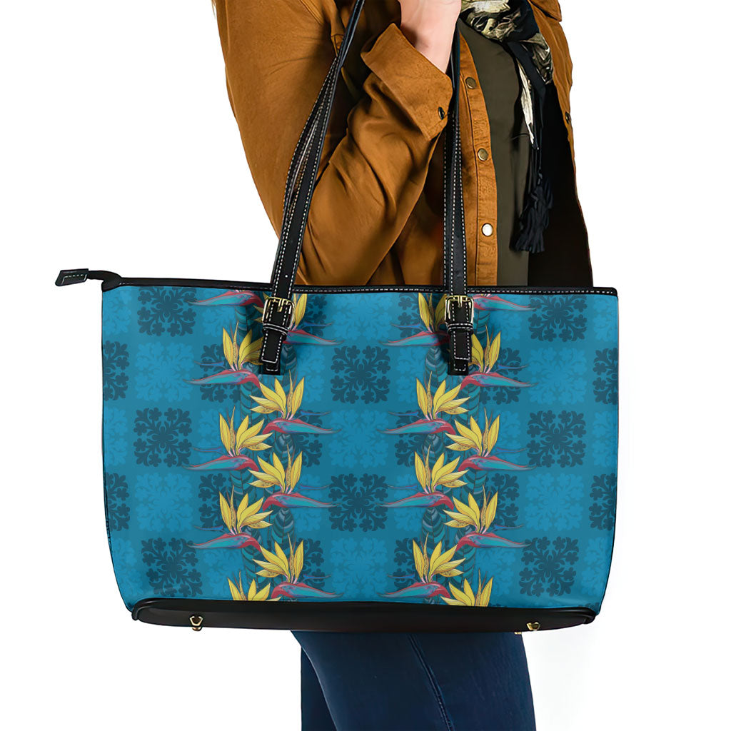 Hawaii Waikiki King Leather Tote Bag Blue Quilt With Pua Manu
