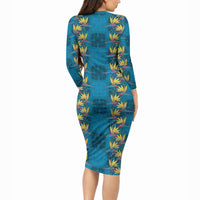 Hawaii Waikiki King Long Sleeve Bodycon Dress Blue Quilt With Pua Manu