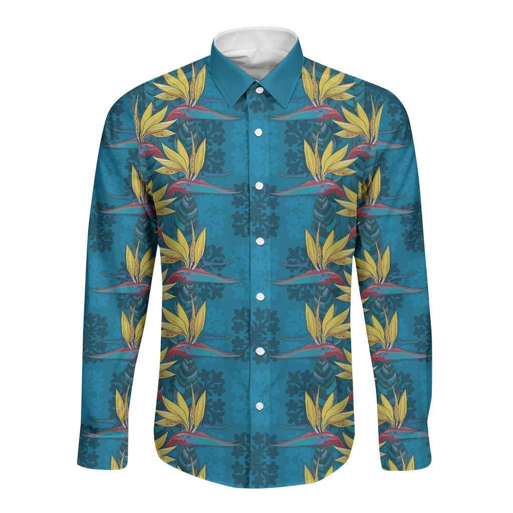 Hawaii Waikiki King Long Sleeve Button Shirt Blue Quilt With Pua Manu