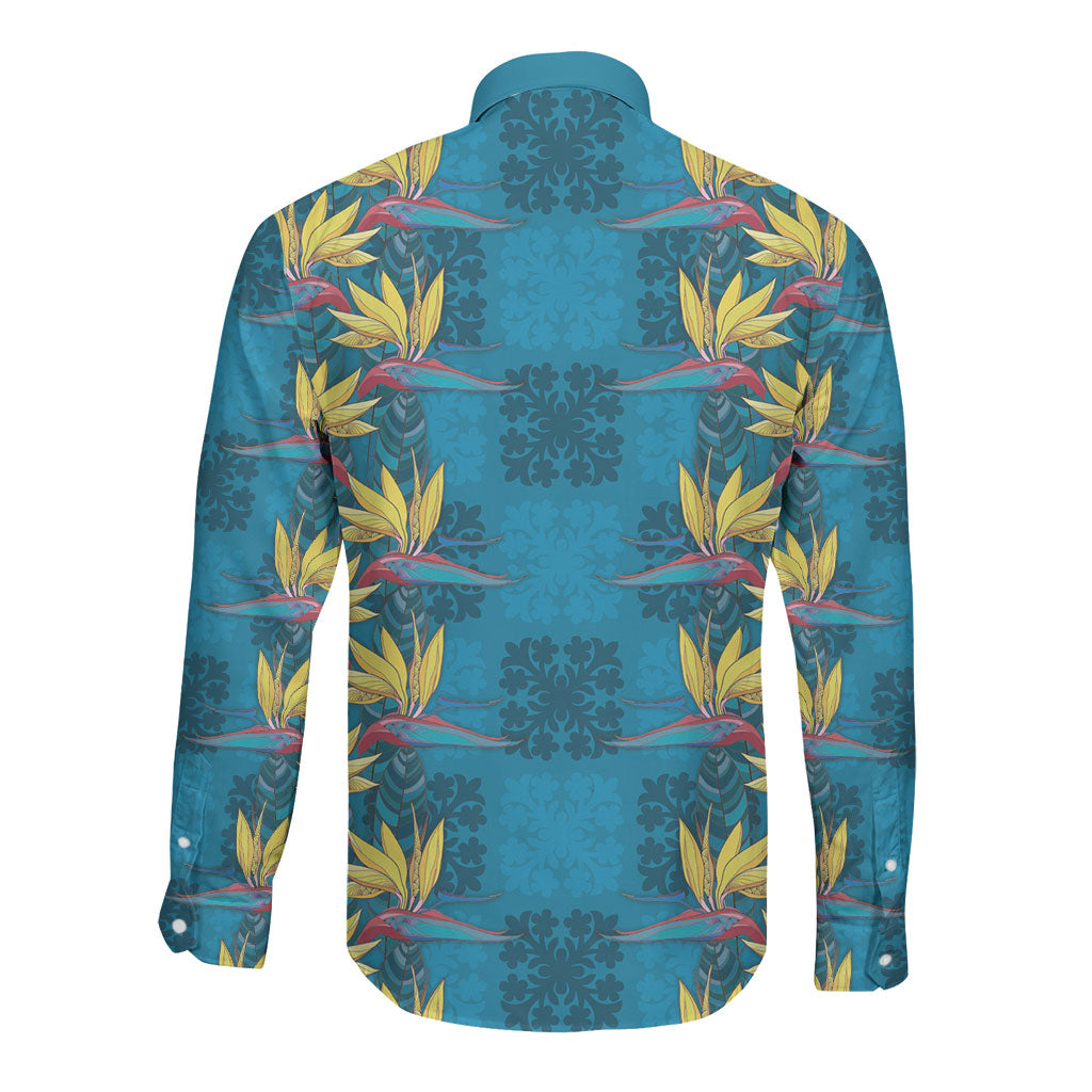 Hawaii Waikiki King Long Sleeve Button Shirt Blue Quilt With Pua Manu