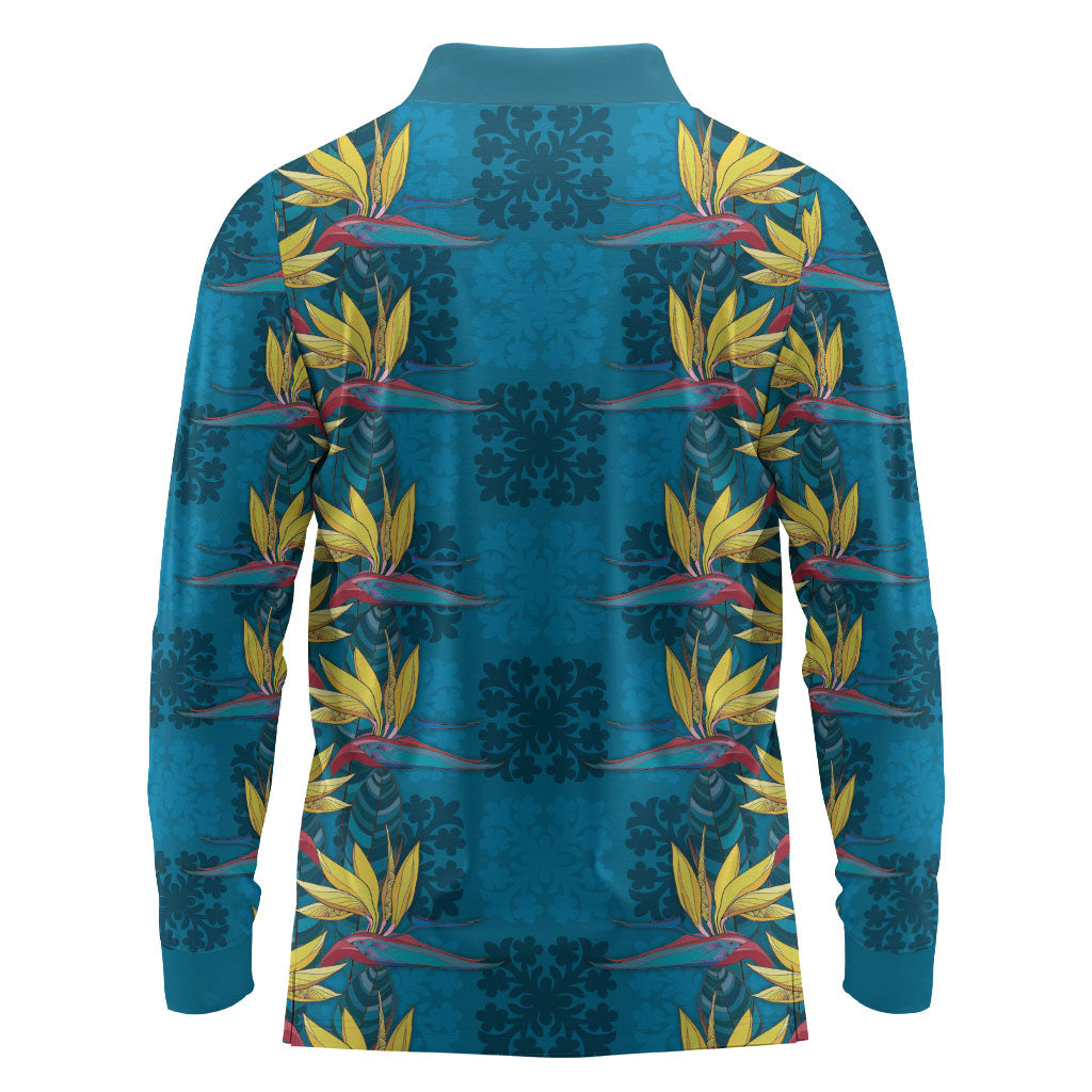 Hawaii Waikiki King Long Sleeve Polo Shirt Blue Quilt With Pua Manu