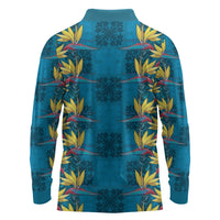 Hawaii Waikiki King Long Sleeve Polo Shirt Blue Quilt With Pua Manu