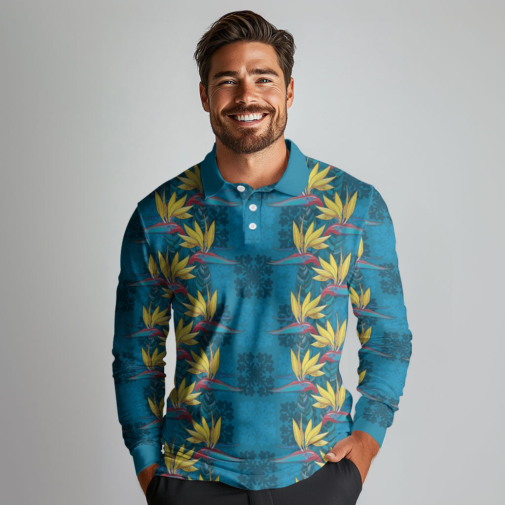 Hawaii Waikiki King Long Sleeve Polo Shirt Blue Quilt With Pua Manu