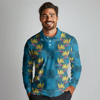 Hawaii Waikiki King Long Sleeve Polo Shirt Blue Quilt With Pua Manu