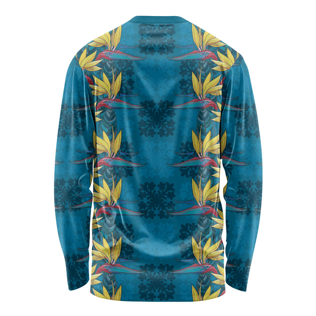 Hawaii Waikiki King Long Sleeve Shirt Blue Quilt With Pua Manu