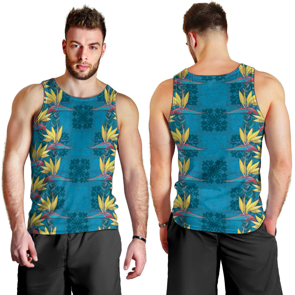 Hawaii Waikiki King Men Tank Top Blue Quilt With Pua Manu