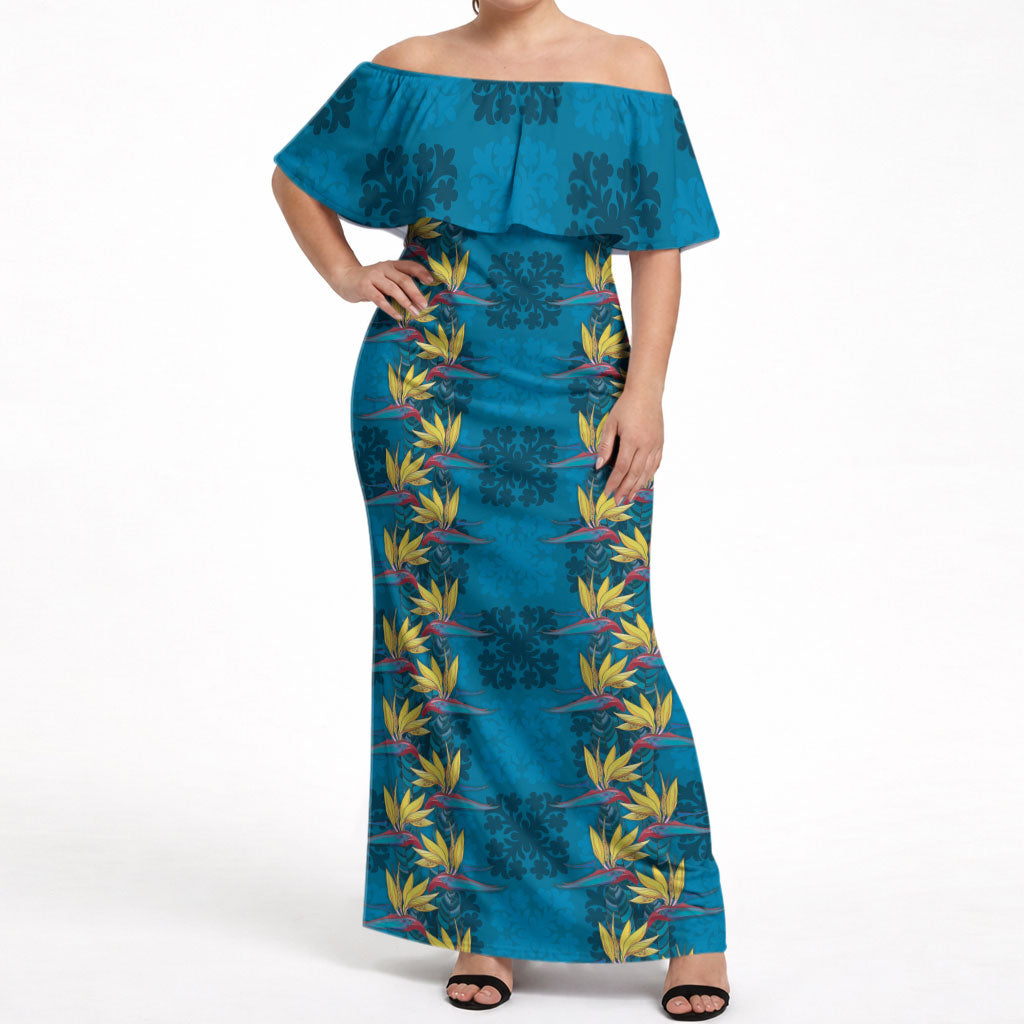 Hawaii Waikiki King Off Shoulder Maxi Dress Blue Quilt With Pua Manu