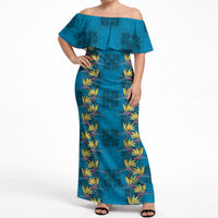 Hawaii Waikiki King Off Shoulder Maxi Dress Blue Quilt With Pua Manu