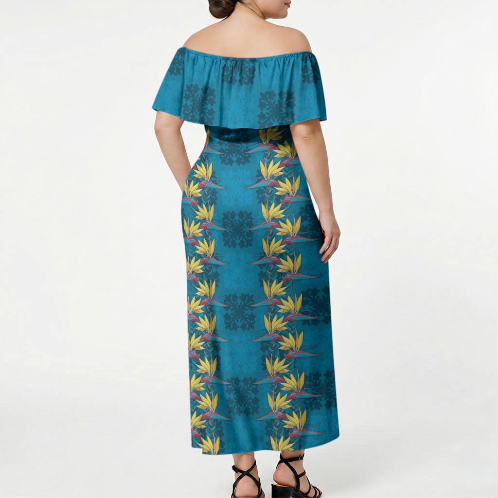 Hawaii Waikiki King Off Shoulder Maxi Dress Blue Quilt With Pua Manu