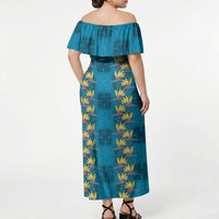 Hawaii Waikiki King Off Shoulder Maxi Dress Blue Quilt With Pua Manu
