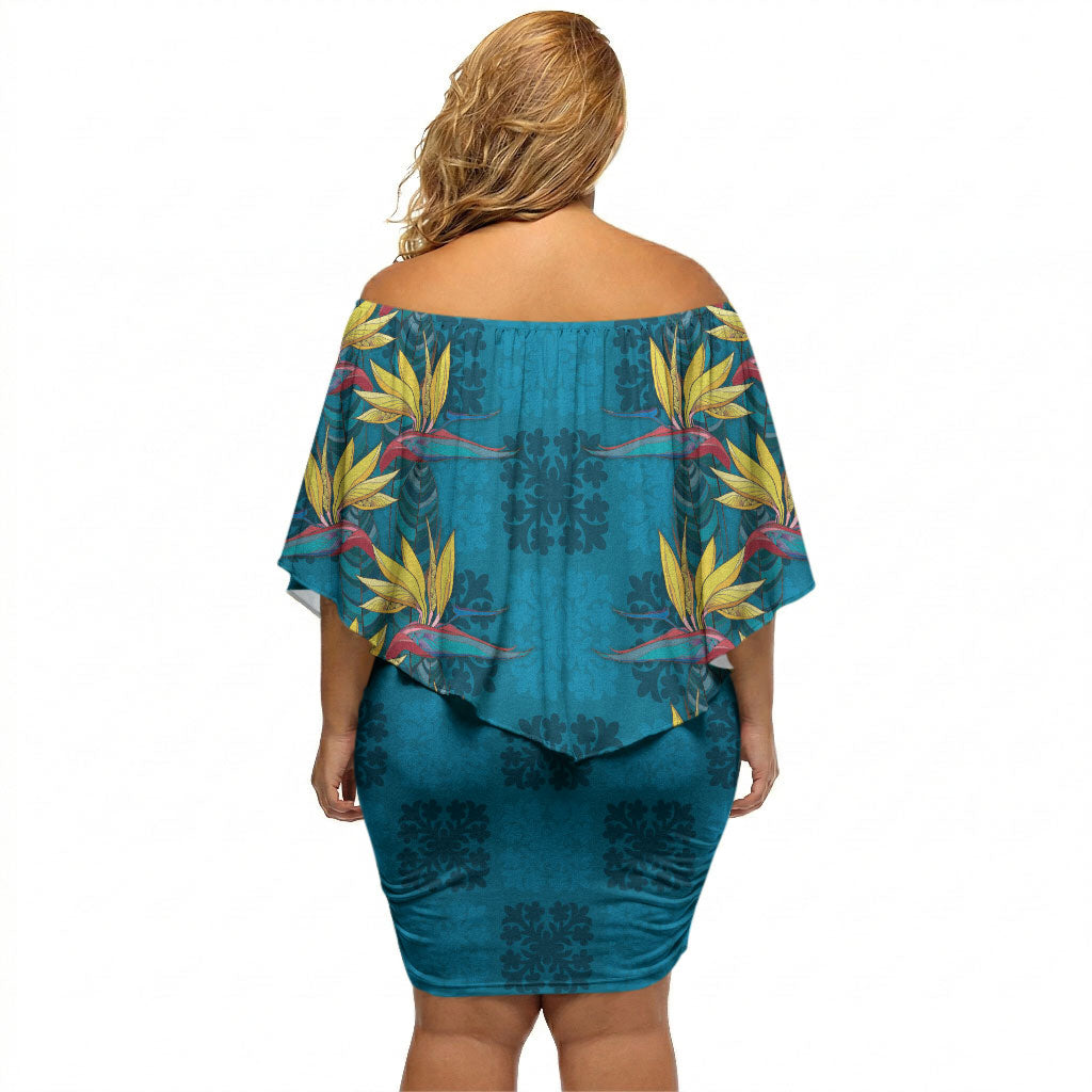 Hawaii Waikiki King Off Shoulder Short Dress Blue Quilt With Pua Manu