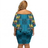 Hawaii Waikiki King Off Shoulder Short Dress Blue Quilt With Pua Manu