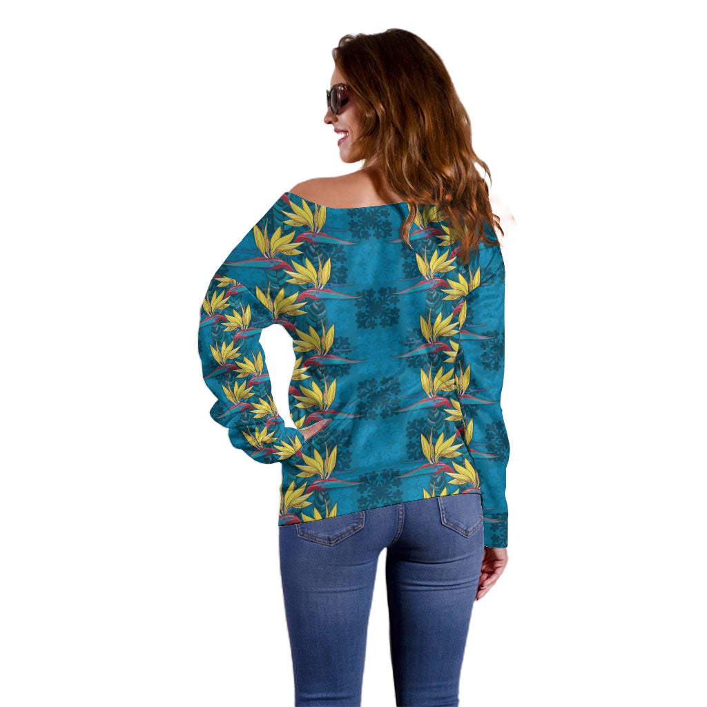 Hawaii Waikiki King Off Shoulder Sweater Blue Quilt With Pua Manu