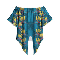 Hawaii Waikiki King Off Shoulder Wrap Waist Top Blue Quilt With Pua Manu