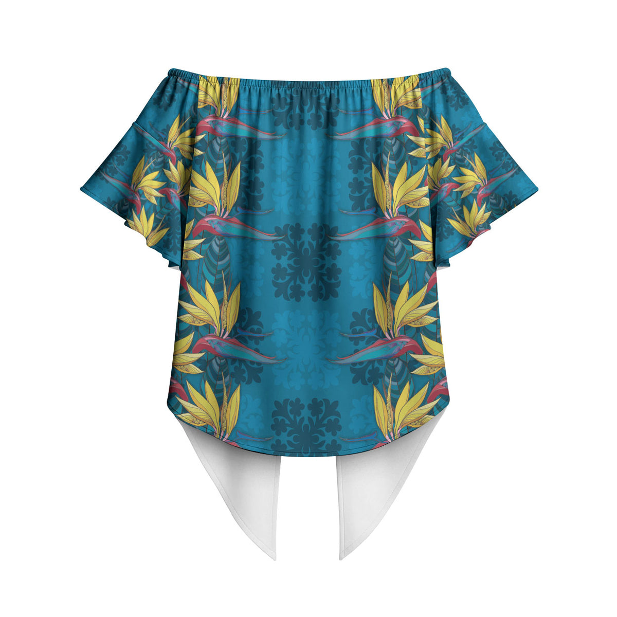 Hawaii Waikiki King Off Shoulder Wrap Waist Top Blue Quilt With Pua Manu
