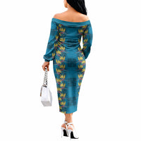Hawaii Waikiki King Off The Shoulder Long Sleeve Dress Blue Quilt With Pua Manu