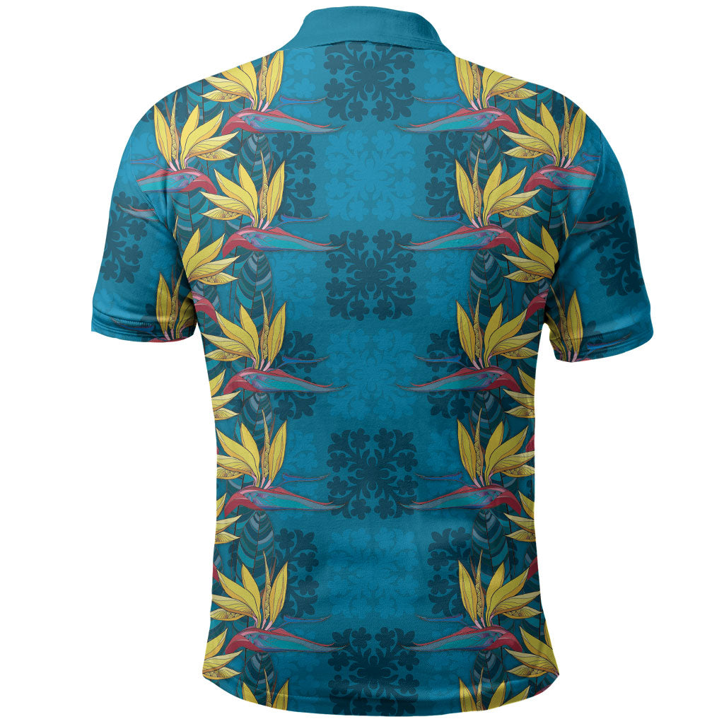 Hawaii Waikiki King Polo Shirt Blue Quilt With Pua Manu