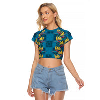 Hawaii Waikiki King Raglan Cropped T Shirt Blue Quilt With Pua Manu