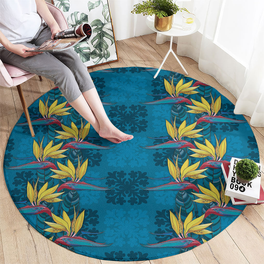 Hawaii Waikiki King Round Carpet Blue Quilt With Pua Manu