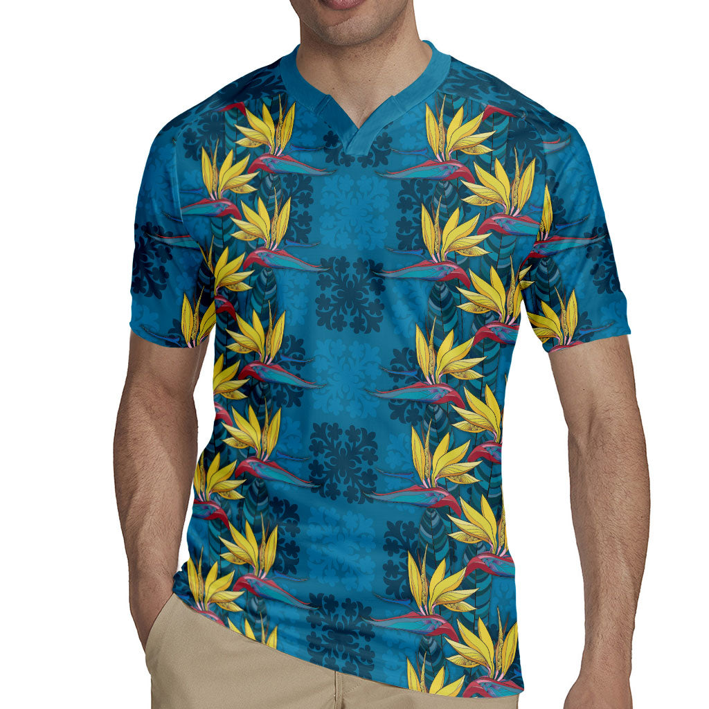 Hawaii Waikiki King Rugby Jersey Blue Quilt With Pua Manu