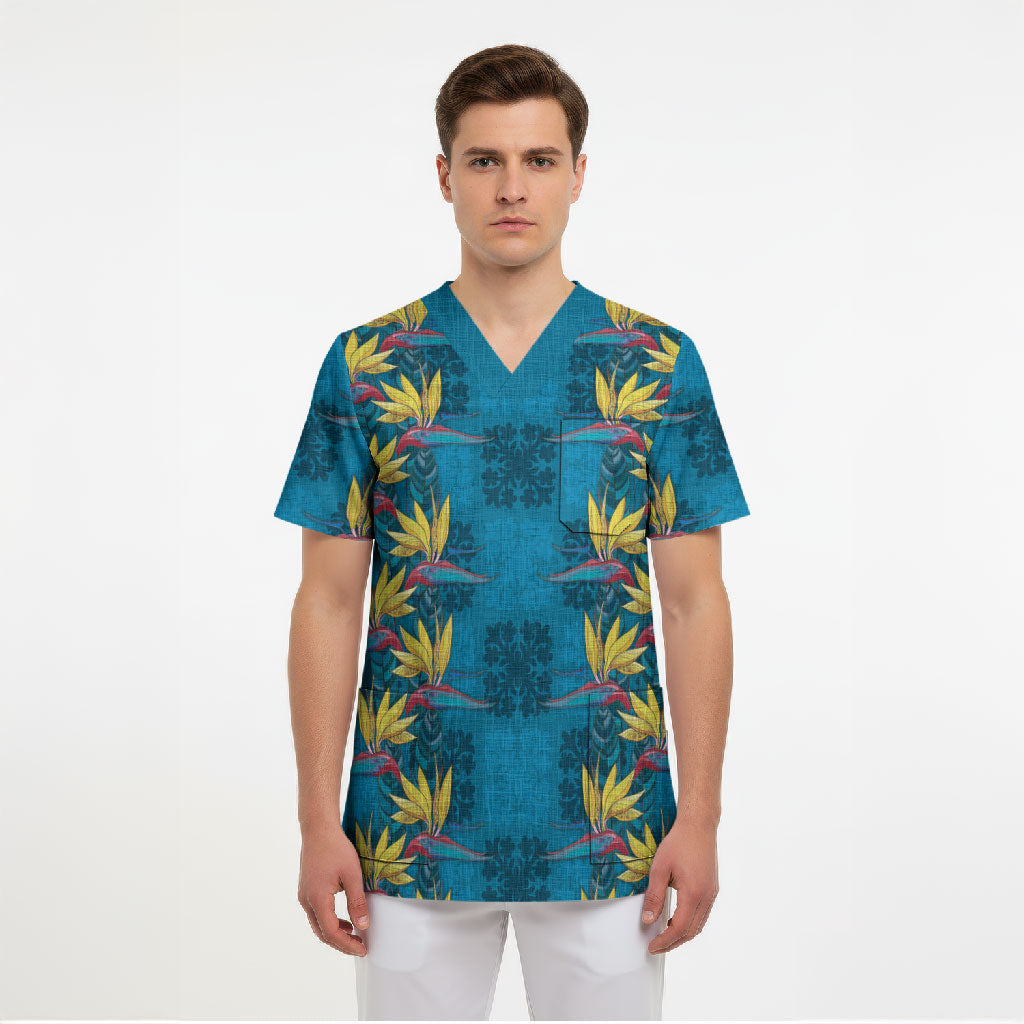 Hawaii Waikiki King Scrub Top Blue Quilt With Pua Manu