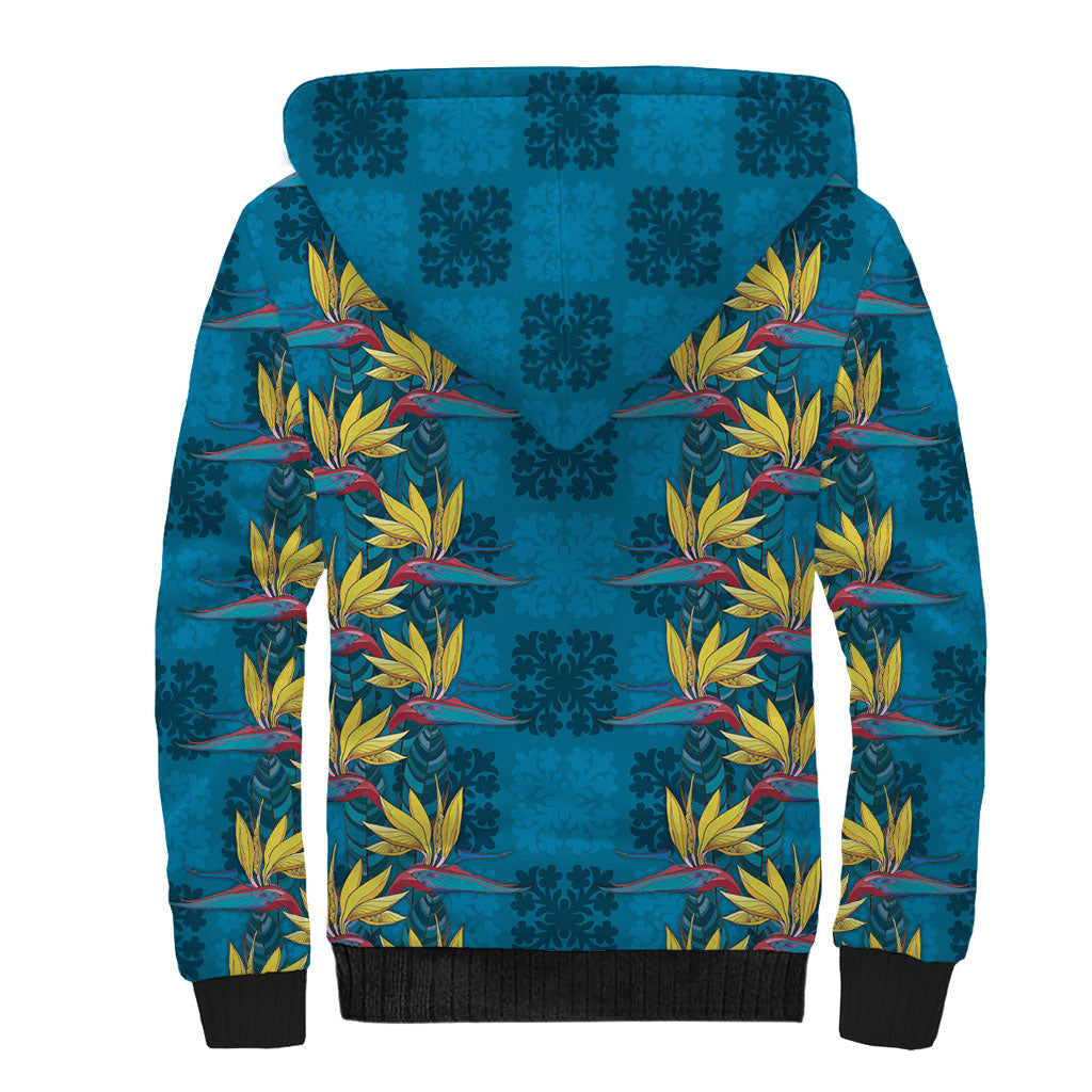 Hawaii Waikiki King Sherpa Hoodie Blue Quilt With Pua Manu
