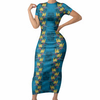 Hawaii Waikiki King Short Sleeve Bodycon Dress Blue Quilt With Pua Manu