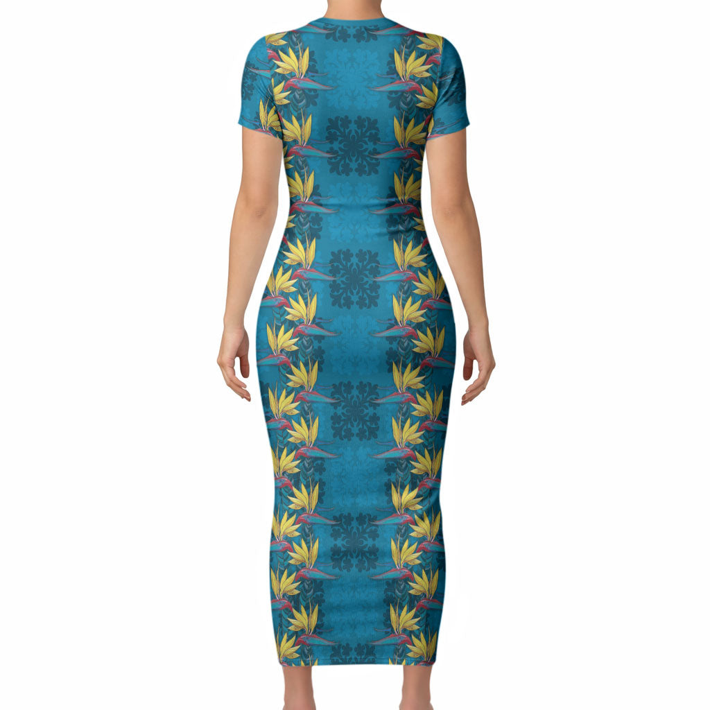 Hawaii Waikiki King Short Sleeve Bodycon Dress Blue Quilt With Pua Manu