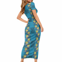 Hawaii Waikiki King Short Sleeve Bodycon Dress Blue Quilt With Pua Manu