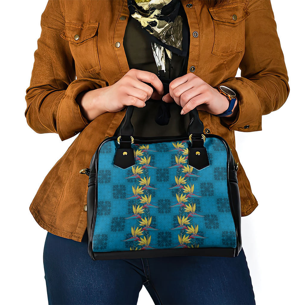 Hawaii Waikiki King Shoulder Handbag Blue Quilt With Pua Manu