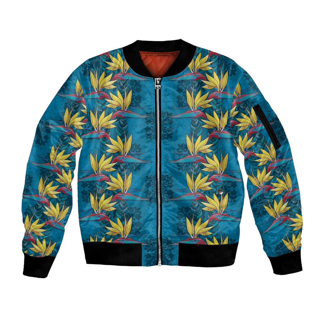 Hawaii Waikiki King Sleeve Zip Bomber Jacket Blue Quilt With Pua Manu