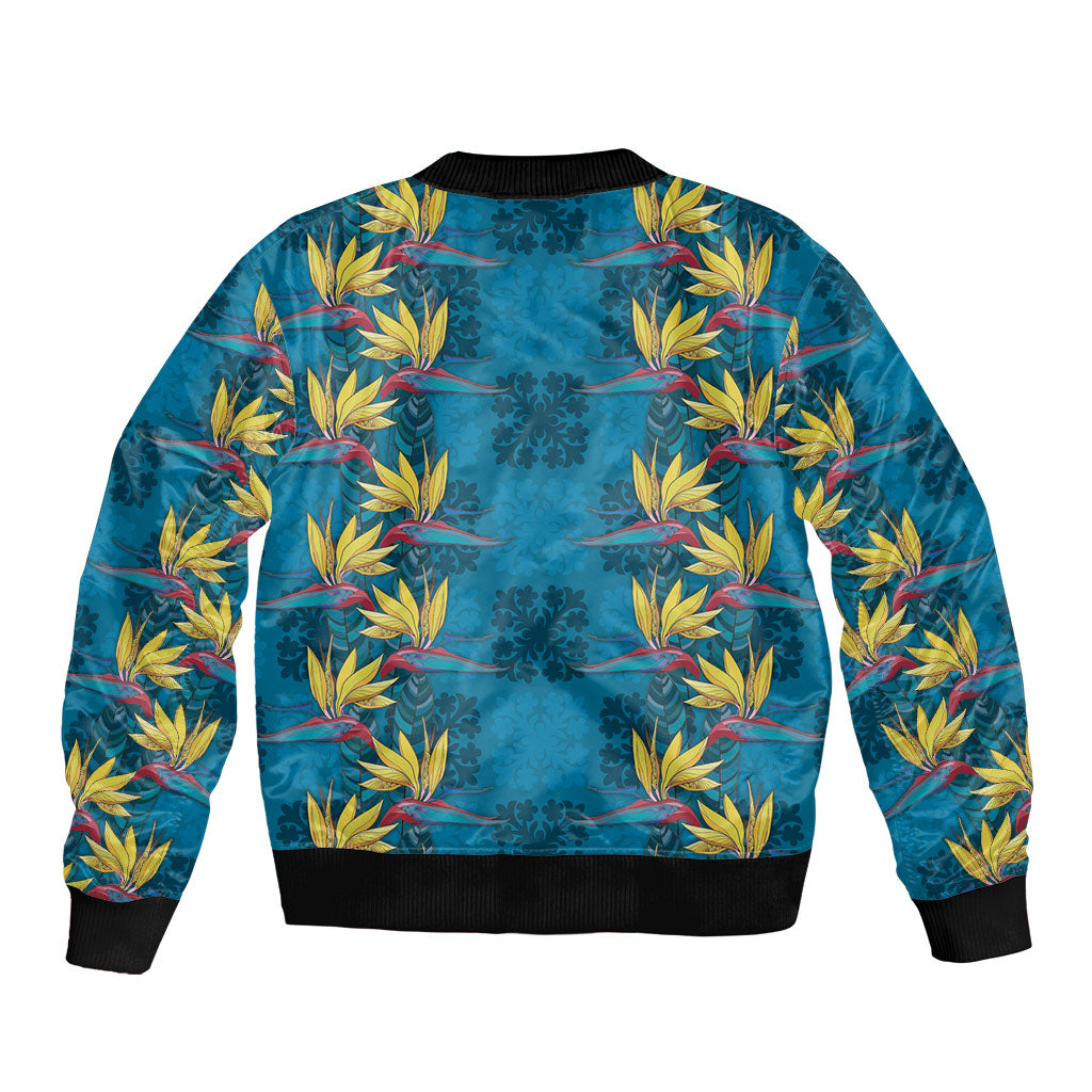 Hawaii Waikiki King Sleeve Zip Bomber Jacket Blue Quilt With Pua Manu