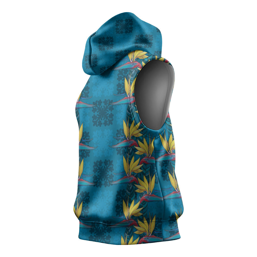 Hawaii Waikiki King Sleeveless Hoodie Blue Quilt With Pua Manu
