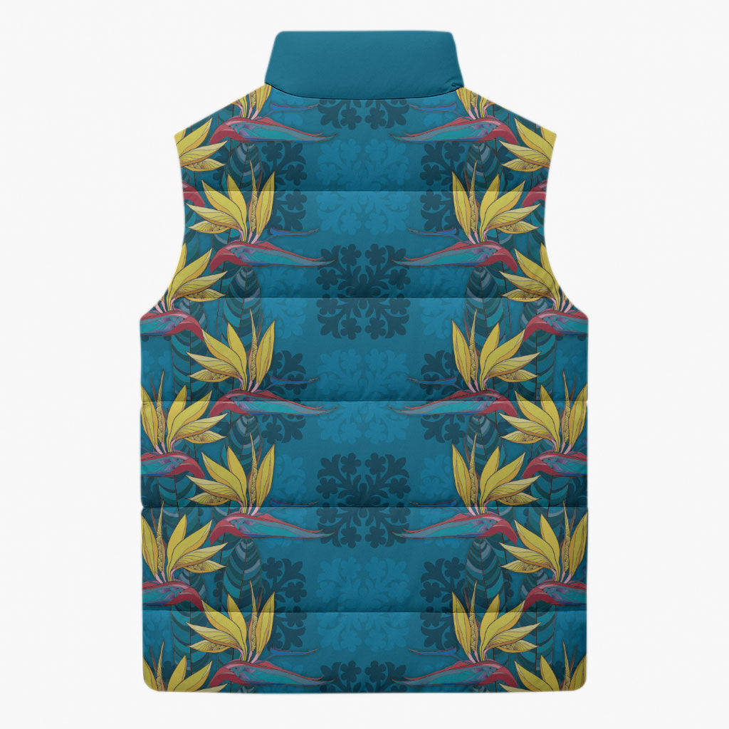 Hawaii Waikiki King Sleeveless Puffer Jacket Blue Quilt With Pua Manu