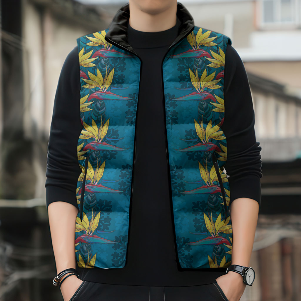 Hawaii Waikiki King Sleeveless Puffer Jacket Blue Quilt With Pua Manu