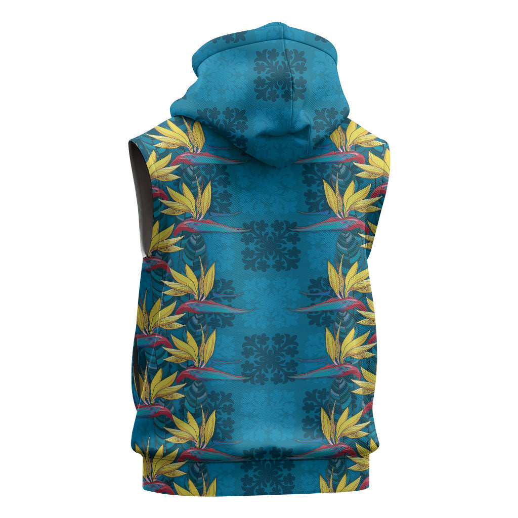 Hawaii Waikiki King Sleeveless Zip Hoodie Blue Quilt With Pua Manu