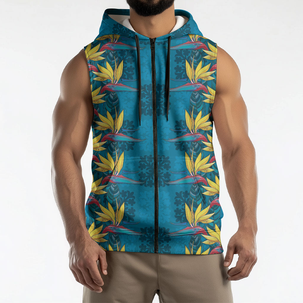 Hawaii Waikiki King Sleeveless Zip Hoodie Blue Quilt With Pua Manu
