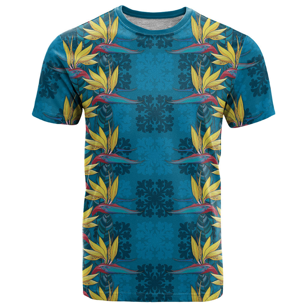Hawaii Waikiki King T Shirt Blue Quilt With Pua Manu