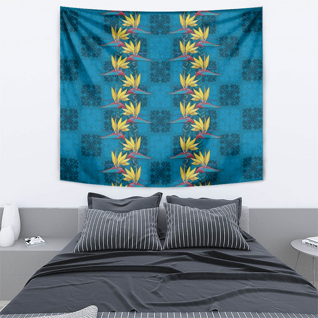 Hawaii Waikiki King Tapestry Blue Quilt With Pua Manu