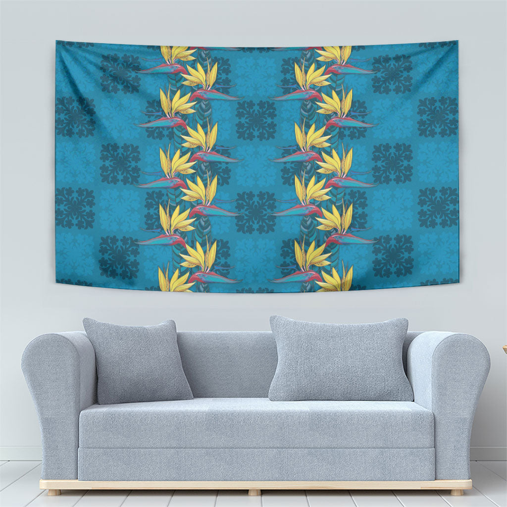 Hawaii Waikiki King Tapestry Blue Quilt With Pua Manu