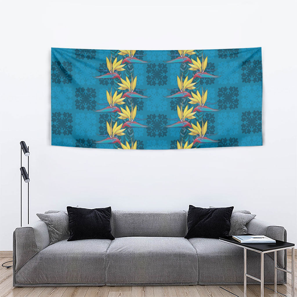 Hawaii Waikiki King Tapestry Blue Quilt With Pua Manu