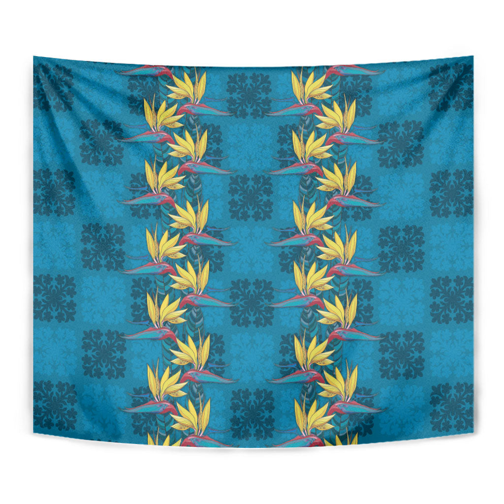Hawaii Waikiki King Tapestry Blue Quilt With Pua Manu