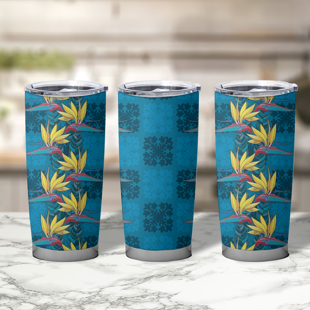 Hawaii Waikiki King Tumbler Cup Blue Quilt With Pua Manu