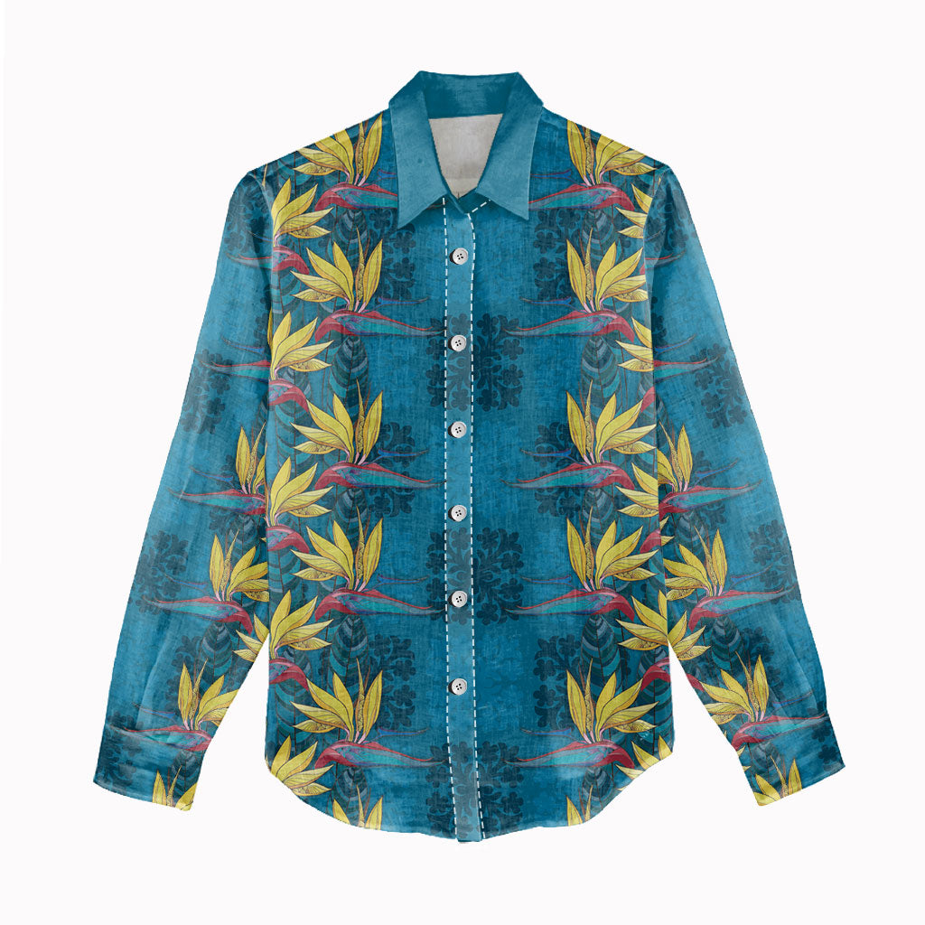 Hawaii Waikiki King Women Casual Shirt Blue Quilt With Pua Manu
