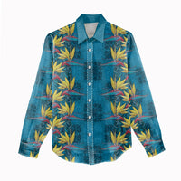 Hawaii Waikiki King Women Casual Shirt Blue Quilt With Pua Manu
