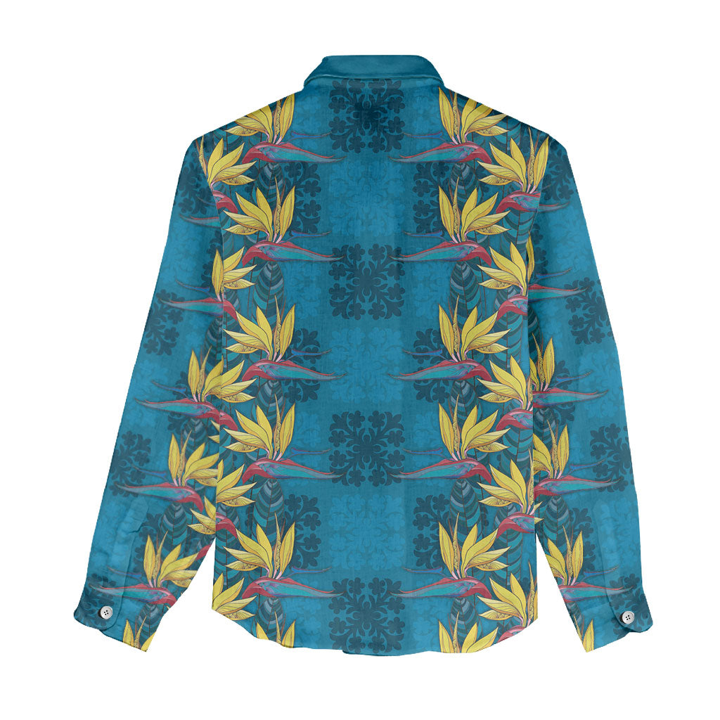 Hawaii Waikiki King Women Casual Shirt Blue Quilt With Pua Manu