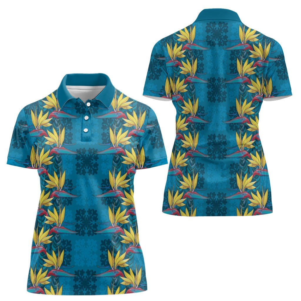 Hawaii Waikiki King Women Polo Shirt Blue Quilt With Pua Manu