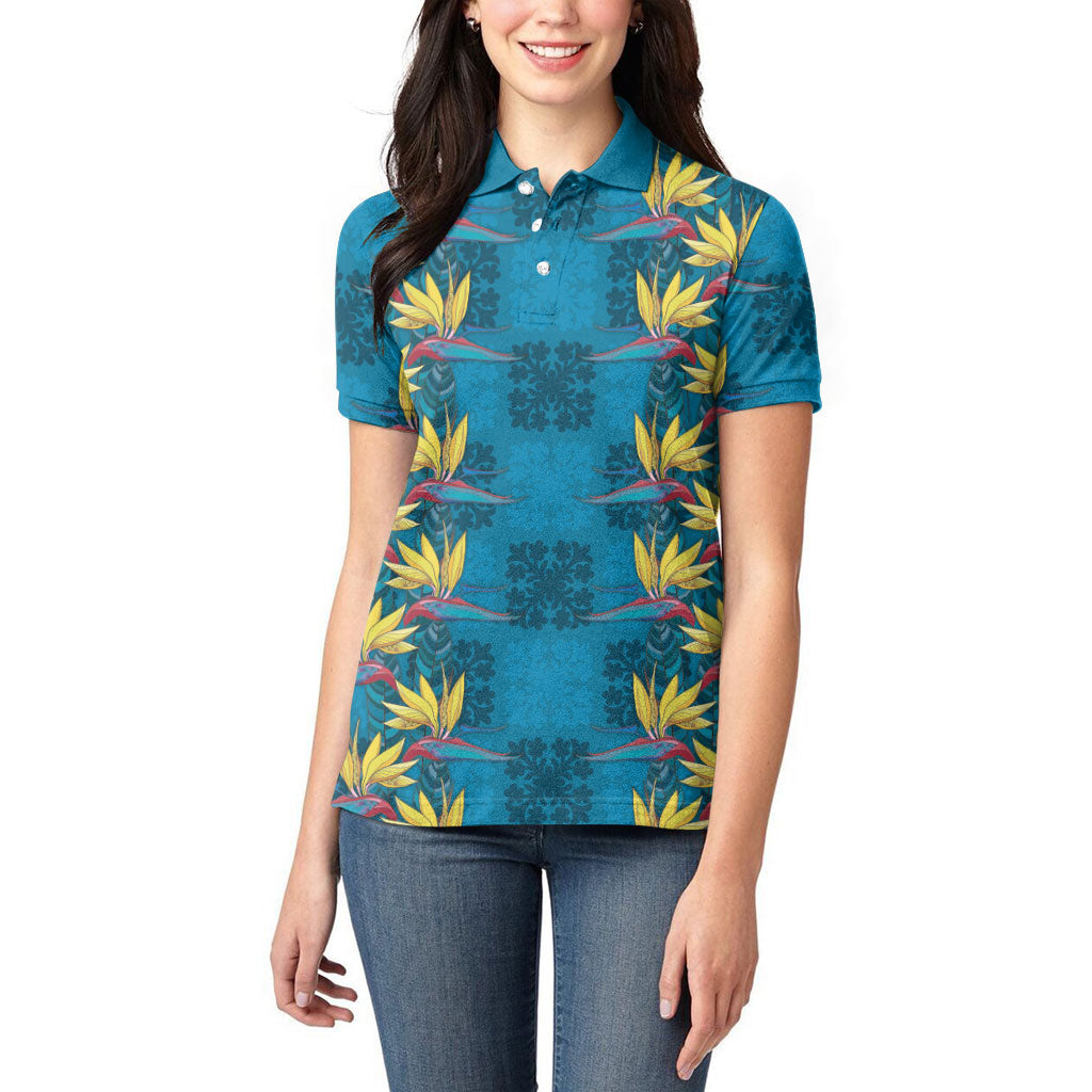 Hawaii Waikiki King Women Polo Shirt Blue Quilt With Pua Manu