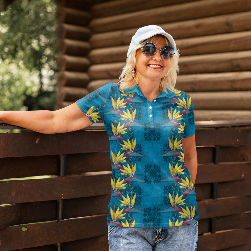 Hawaii Waikiki King Women Polo Shirt Blue Quilt With Pua Manu
